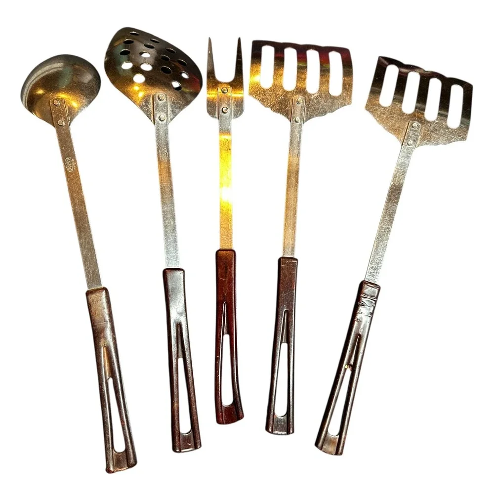 Stanhome Stainless‎ Steel Utensil Set Brown Bakelite Handles 5 Piece Spatulas